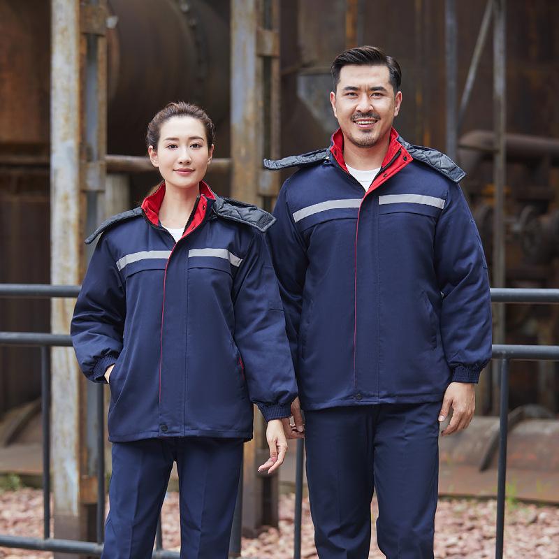 Autumn/Winter Reflective Hooded Cotton Work Jacket - Windproof, Cold-Resistant, for Auto Repair and Cold Storage.