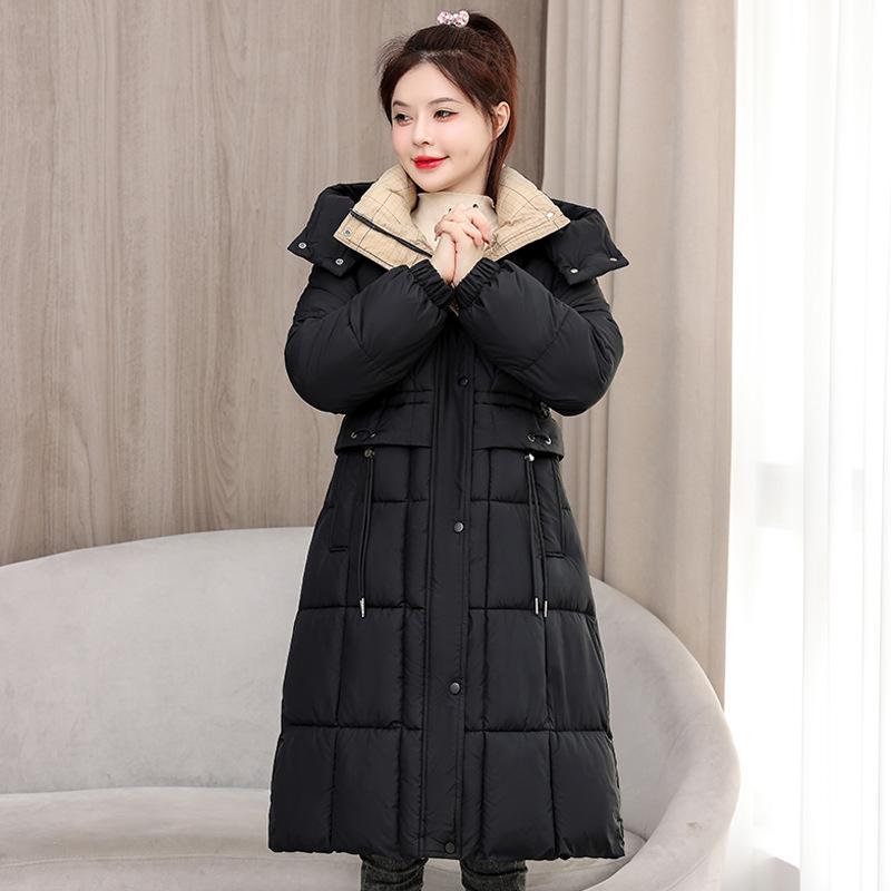 2025 winter new waist medium and long knee cotton-padded clothes fashion thin cotton clothes hooded jacket tide