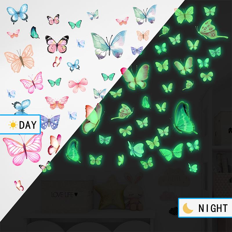 Overseas Trade Glow In The Dark Wall Stickers, Pink Blue Green Butterfly Design, Girls Bedroom Kids Room, Kindergarten