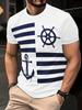 Nautical Anchor Rudder Striped Men's Crew Neck Short Sleeve T-Shirt, Navy Casual Top