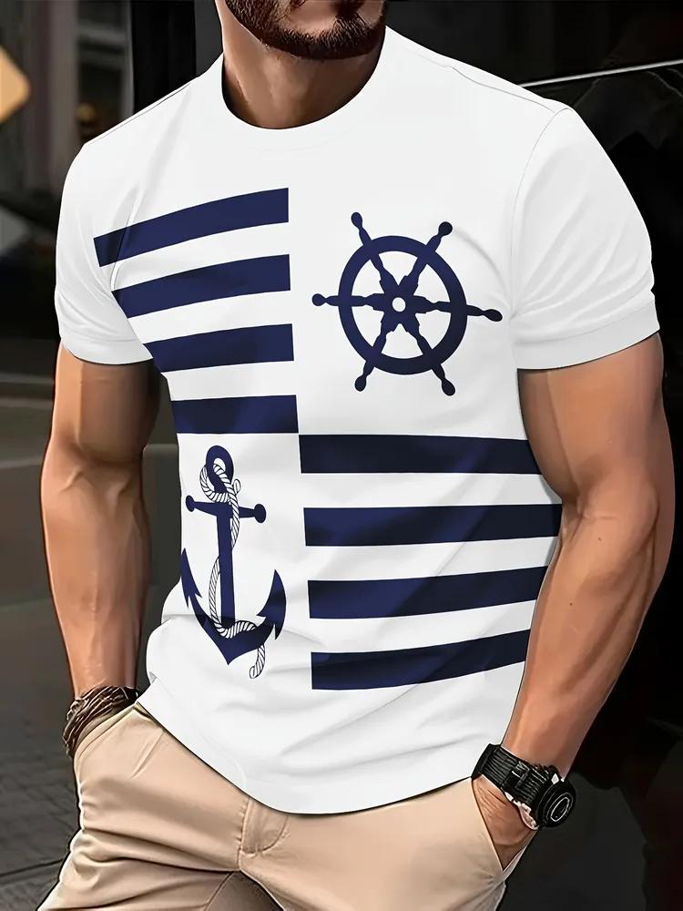 Nautical Anchor Rudder Striped Men's Crew Neck Short Sleeve T-Shirt, Navy Casual Top