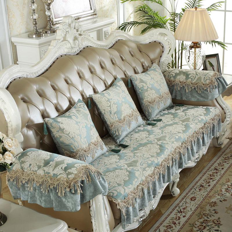 

Антикварный жаккардовый шенилловый чехол для 3-местного дивана, чехлы для 2/4-местного дивана с кружевом, нескользящие кресла, полотенце в европейском стиле для гостиной Seat cover-65x150cm светло-синий