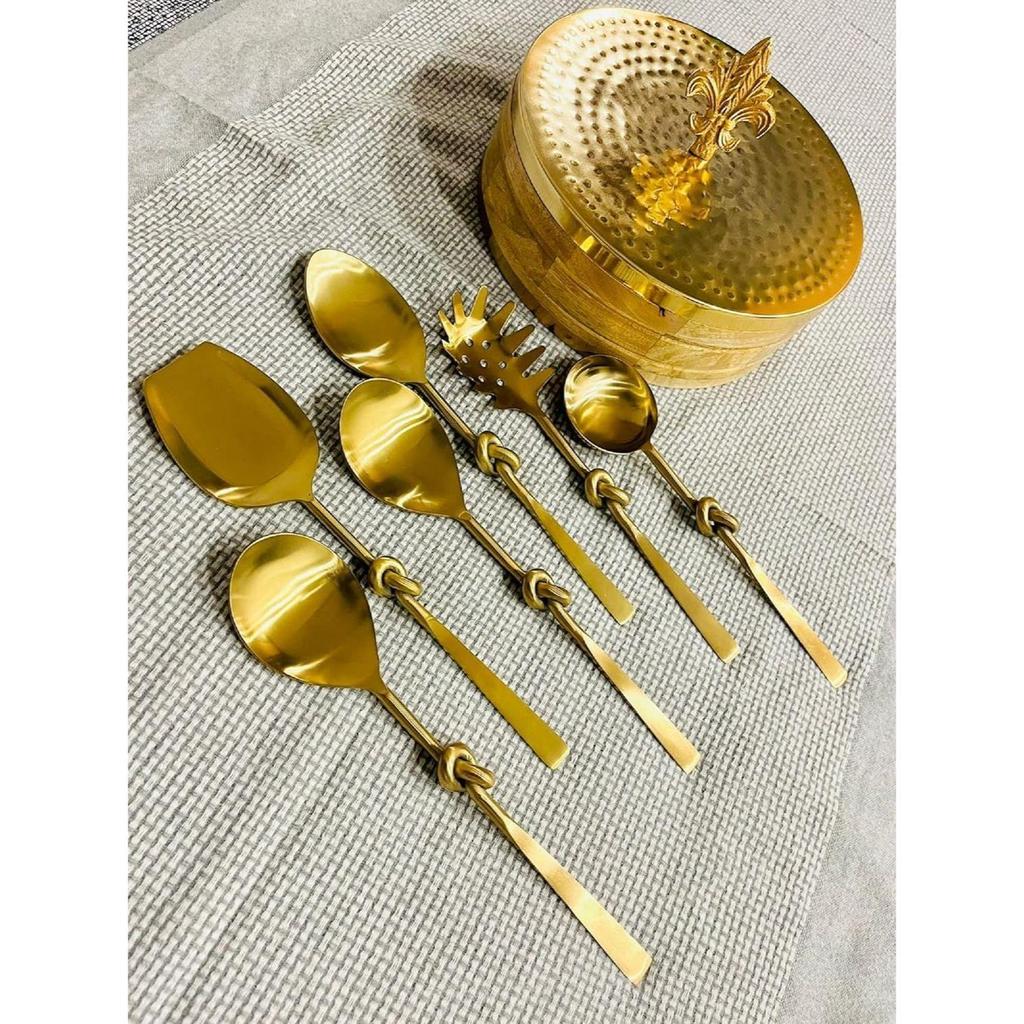 Gold Knot Style Serving Spoon Set of 6pcs, Stainless Steel Serving Spoons, Smooth Finish & Sleek Design