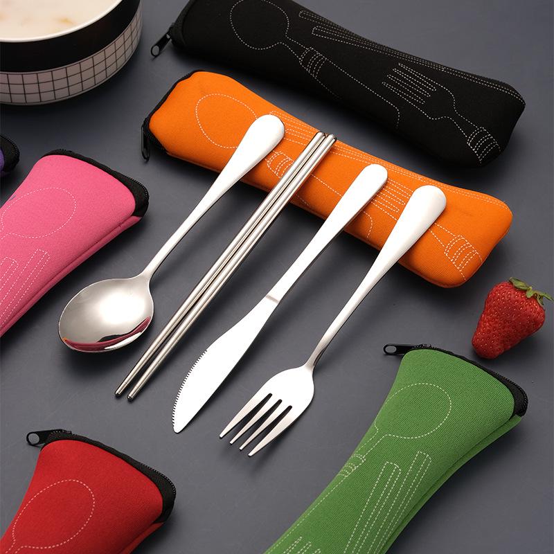 Stainless Steel Cutlery Set: Knife, Fork, Spoon & Chopsticks - Portable 4-Piece Set for Students, Travel, & Gifts