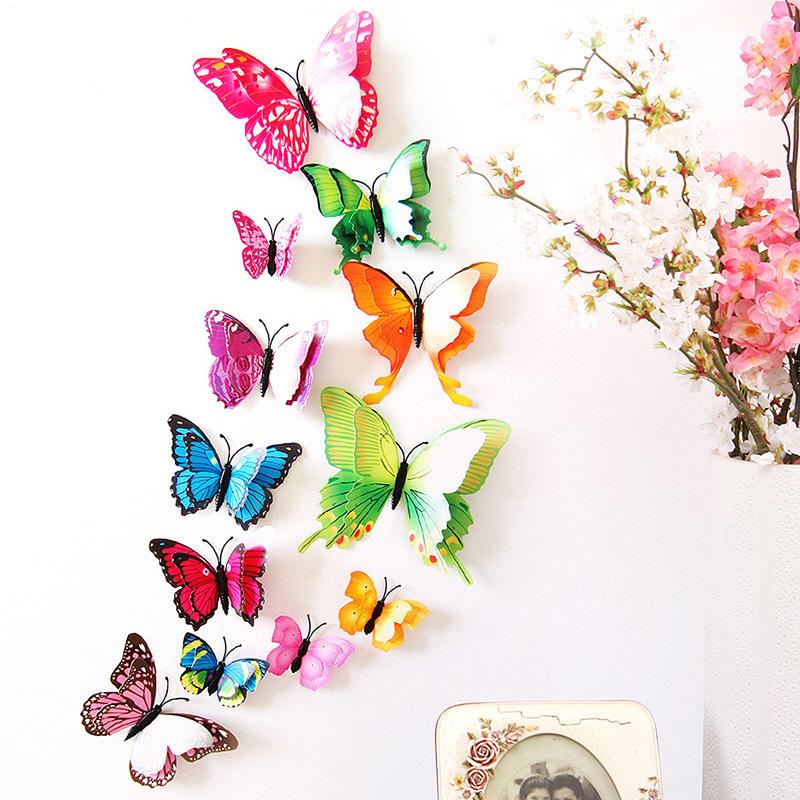 New Style colored Double Layer 3D Butterfly Wall Stickers Home Room Decor Butterflies For Wedding Decor Magnet Fridge Decals