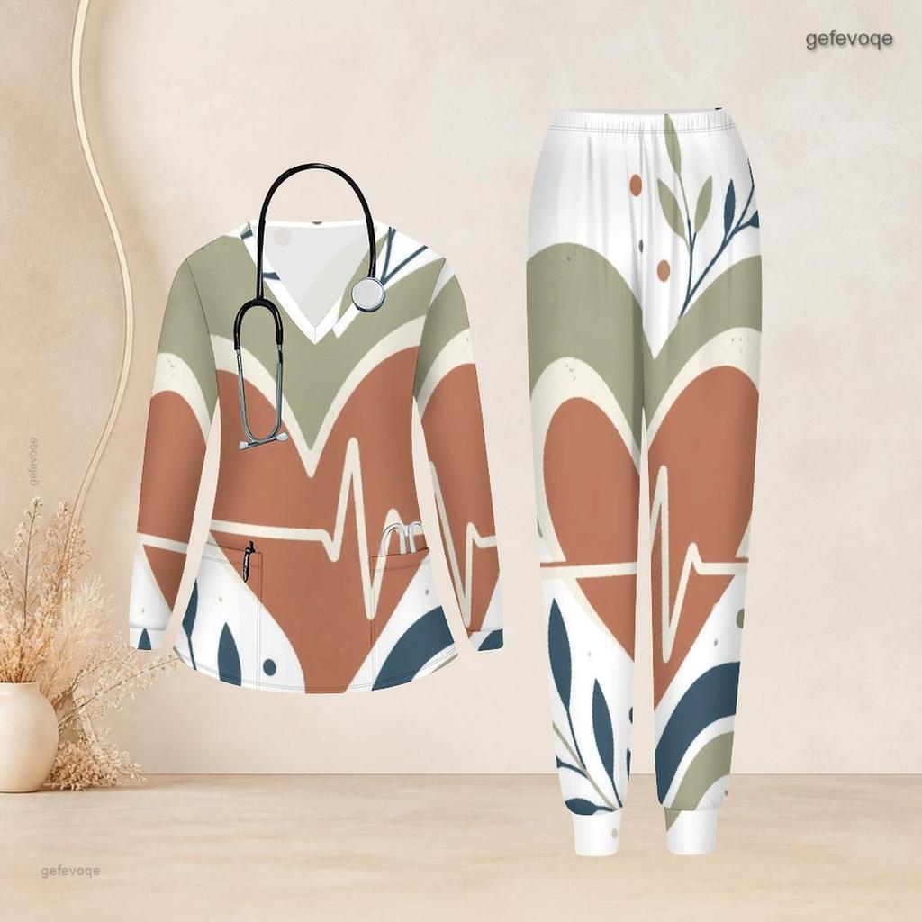 Women Plus Size V Neck Long Sleeve Scrub Set Boho Sun Heart Wave Star Art Print Nurse Uniform Set