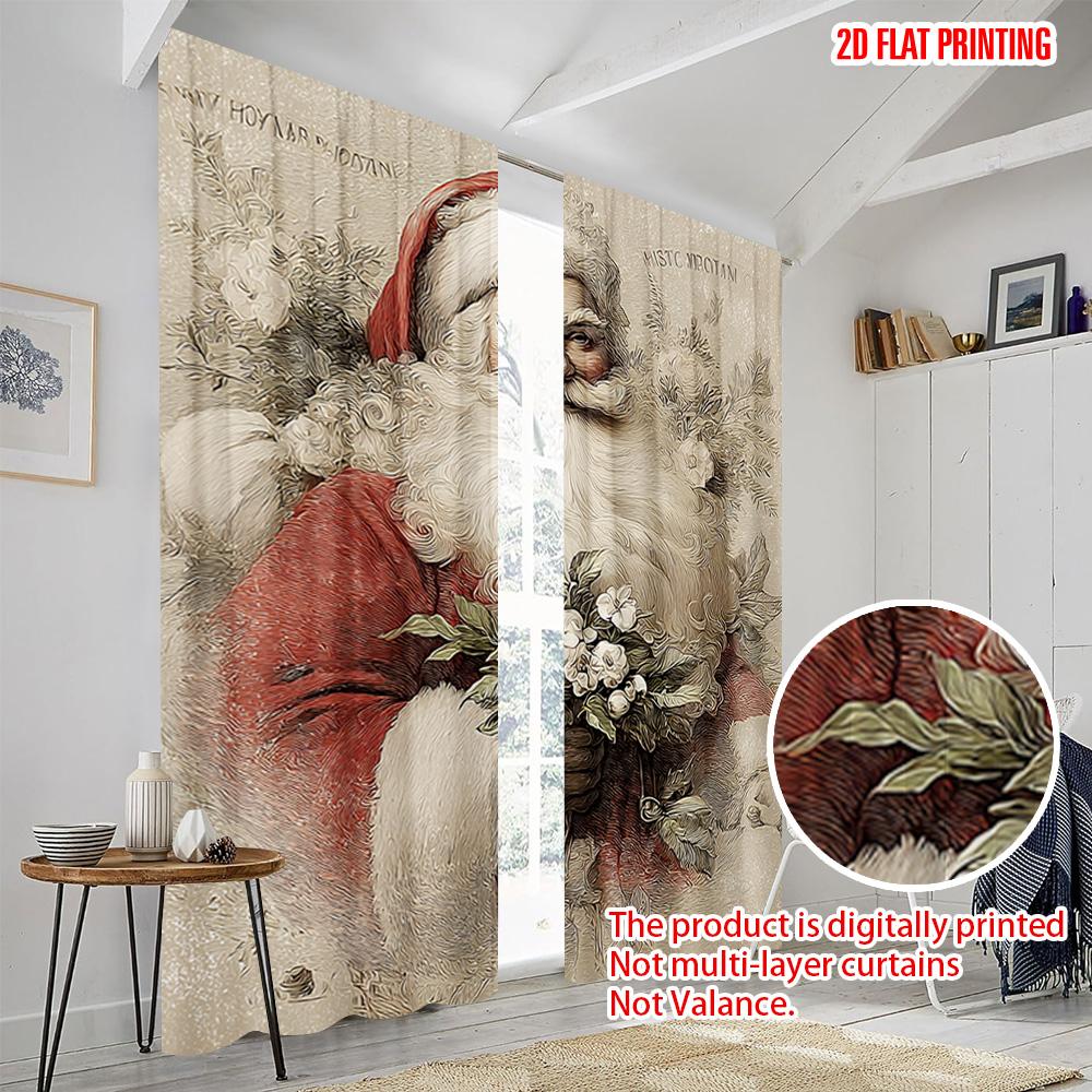 2pcs   plane printing Popular Curtains Vibrant Santa with Holly & Berries Polyester Woven (without rod) Room Decor for Bedroom