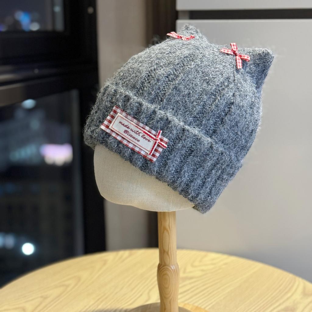 Korean Style Woolen Hat for Women Cute Cat Ears New Bow Warm Ear Protection Cold Hat Winter Fashion Knitted Hat