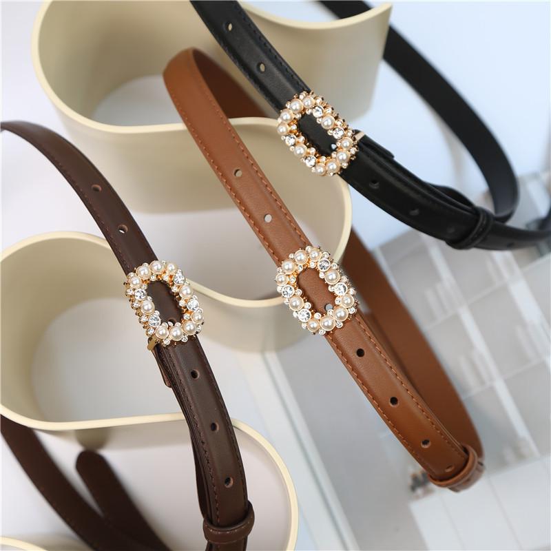 Top grain leather belt with pearl and rhinestone buckle - women's belt waist cincher
