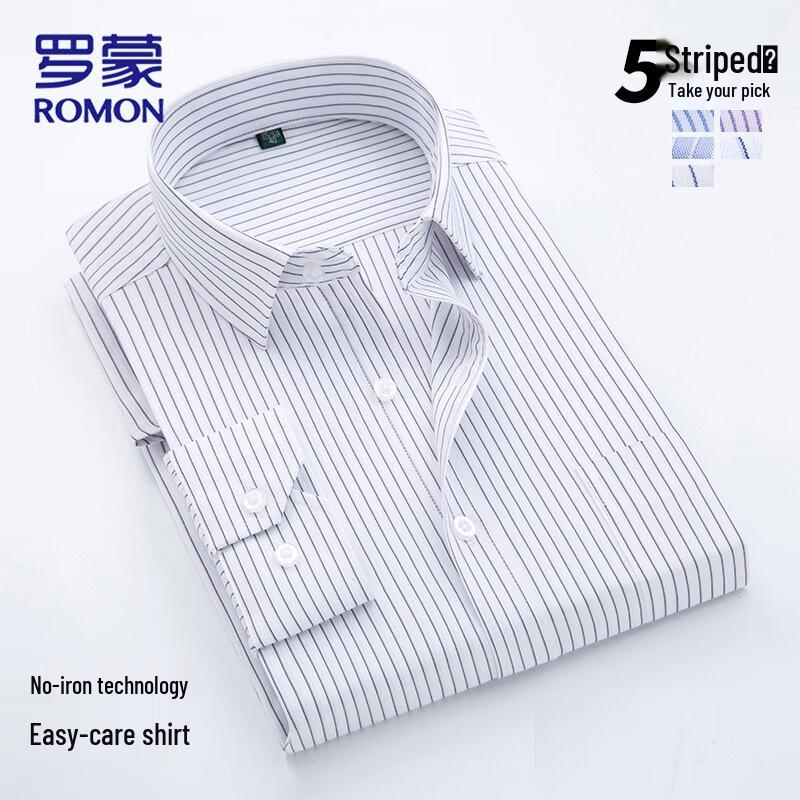 

ROMON Men s Business Casual Non-Iron Striped Long-Sleeve Shirt 44