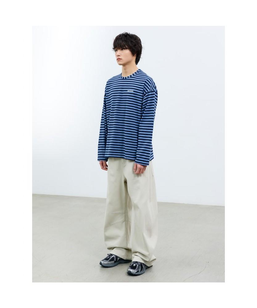 Saendeusaundeu (Unisex) Awning Stripe Long Sleeve T-Shirt Blue