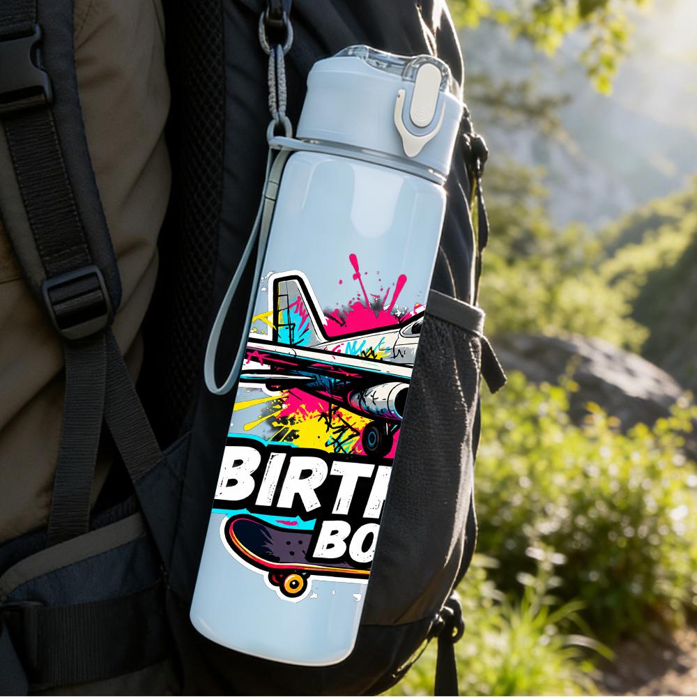 1PC Jet Plane Skate Birthday Boy Text 750ml Color Plastic Water Bottle Leakproof Flip Straw Lid For Sports Office Home Use
