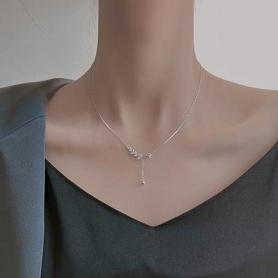 S925 ayar gümüş kolye mizaç yanıp sönen elmas püskül yaprak klavikula zinciri kadın gerdanlık bestie hediye buğday kulak kolye