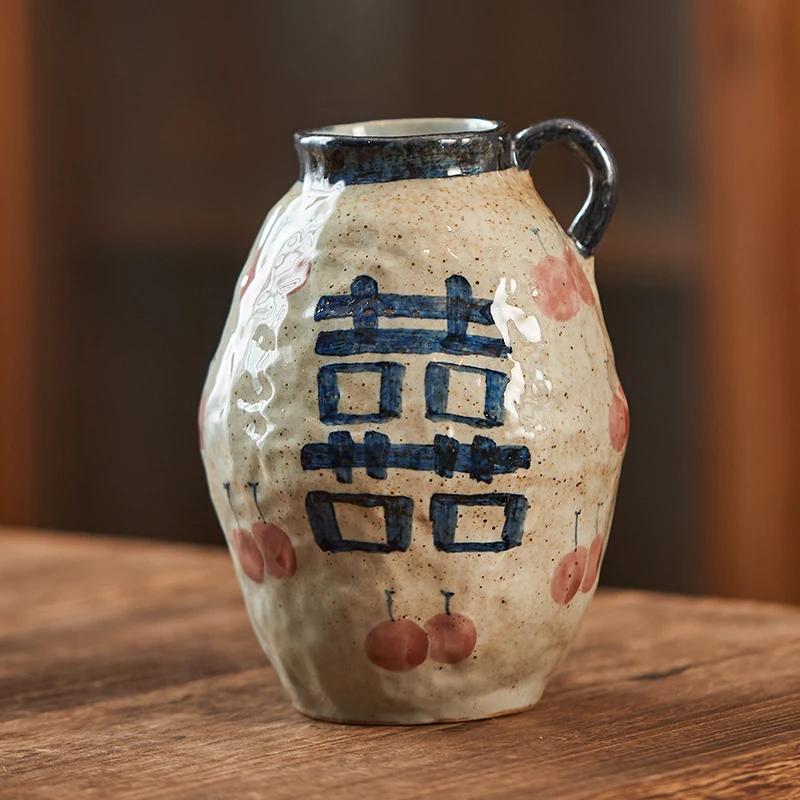 Vaso Idroponico Ceramica Decorazione da Tavolo Casa Soggiorno Composizione Floreale Orecchio Singolo Pittura a Mano Stampa Combinazione Libera