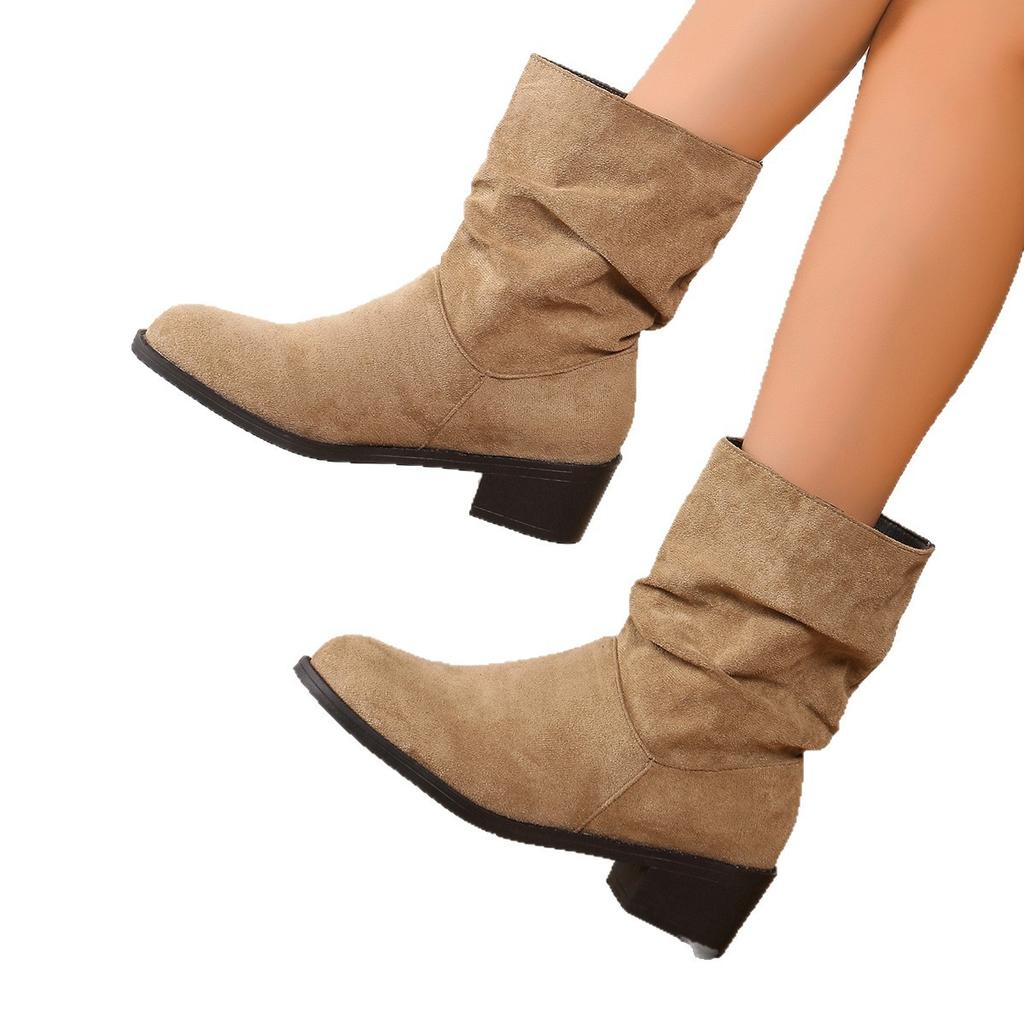 Buty z polaru damskie plisowane buty rycerskie popularne nowe wiosenno-jesienne zimowe pluszowe na grubym obcasie modne buty okrągłe skarpetkowe buty