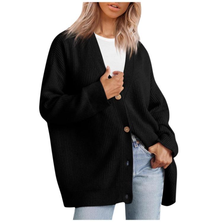 Oversized V Neck Lightweight Loose Front Button Knitted Cardigan Sweater Jacket for Women S чёрный