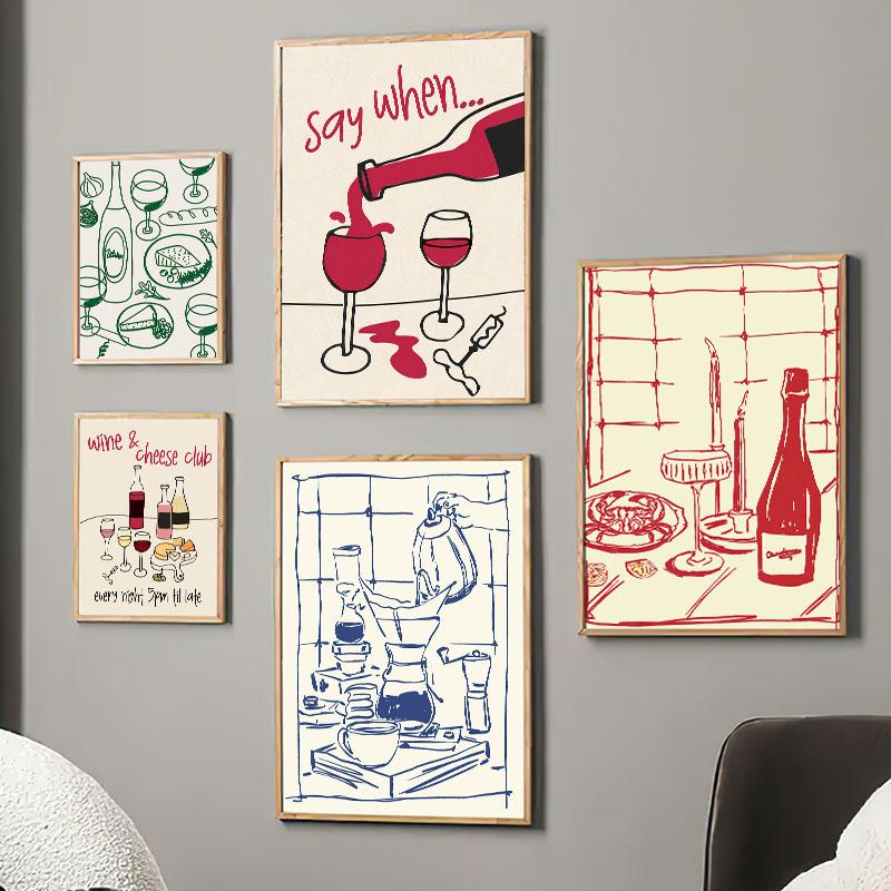 Red Hand Drawn Dining With Wine And Crab Coffee Modern Food Wall Art Canvas Painting Abstract Poster Hotel Bar For Kitchen Decor