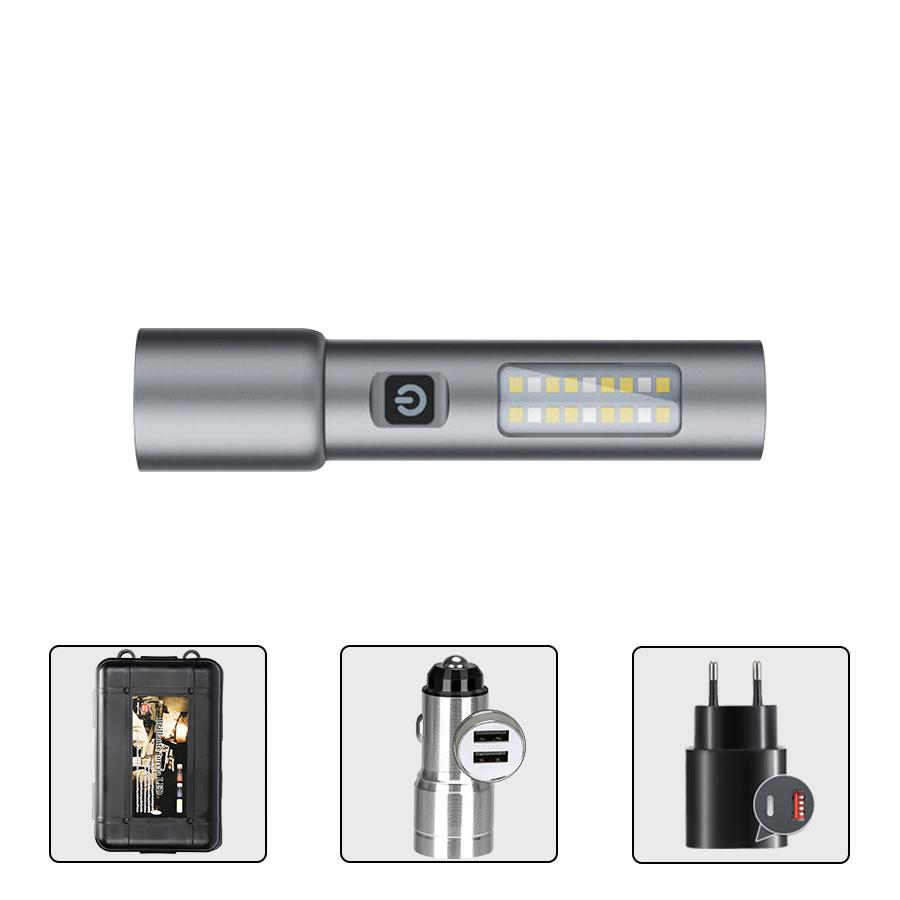 High Power Spotlight Long LED Flashlight with COB Side Light Aluminum Alloy Type-C Zoomable Ultra Bright Emergency Torch