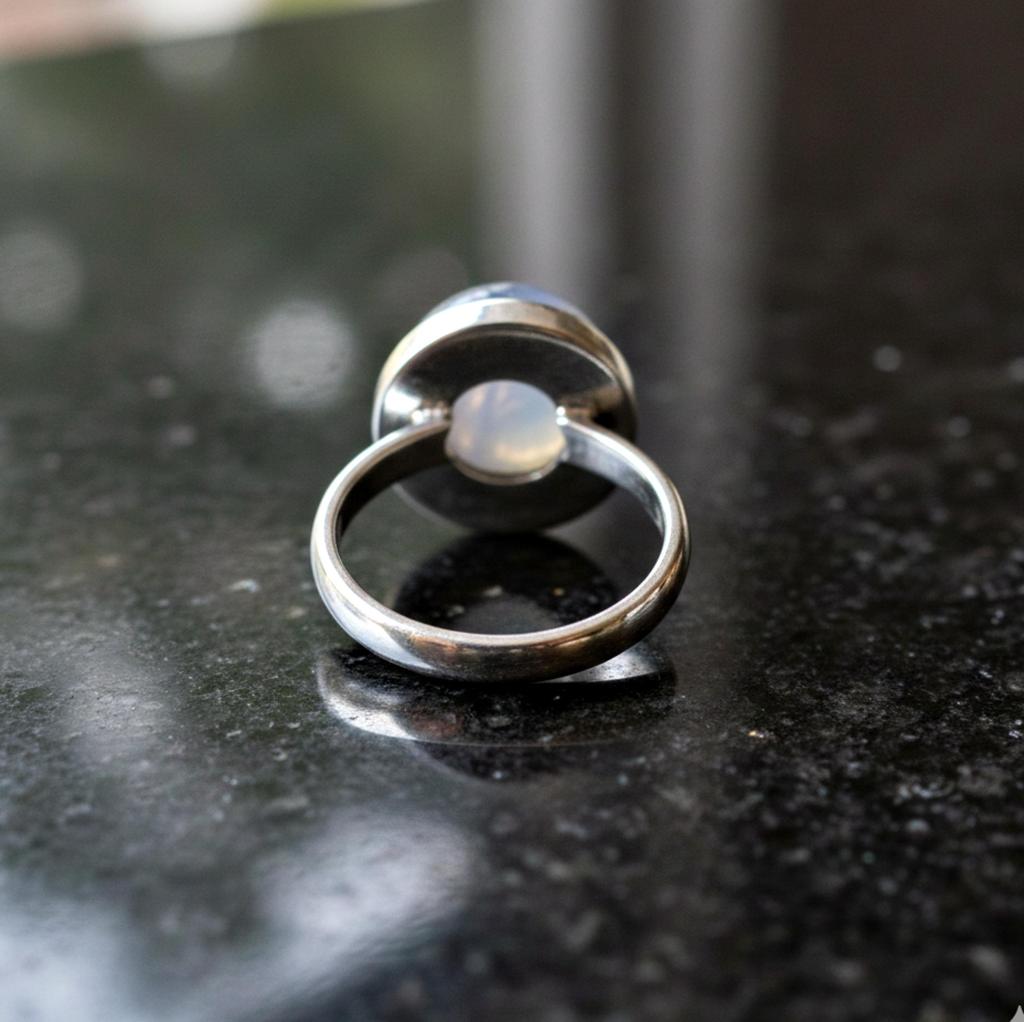 Regnbågsmånstensring, handgjorda smycken, ring för kvinnor, 925 massivt sterling silver, ädelsten i rund form, present till henne, Statement ring