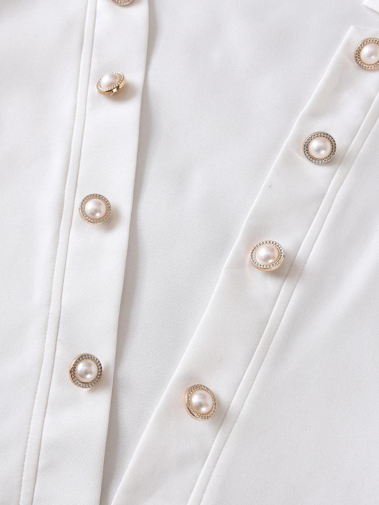 Women's Autumn Fashion Set: White Jacket with Pearl Buttons & Color Block Jumpsuit with Metal Chain Trim.
