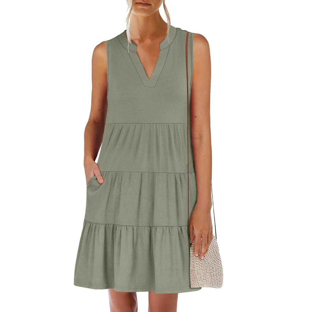 Women's Summer Fashion V-neck Sleeveless Patchwork Solid Color Casual Dresses