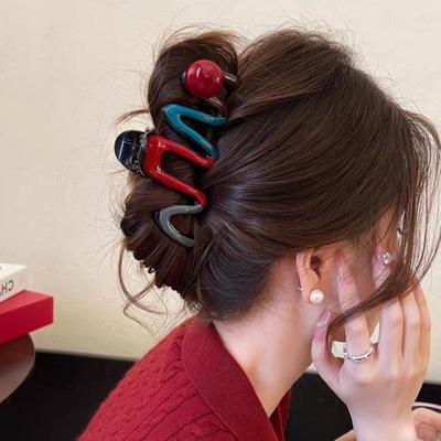Pinza a Becchi d'Anatra Ondulata Color Perla Color-block Grande Pinza a Squalo Fermaglio per Capelli Accessorio per Capelli di Alta Gamma da Donna
