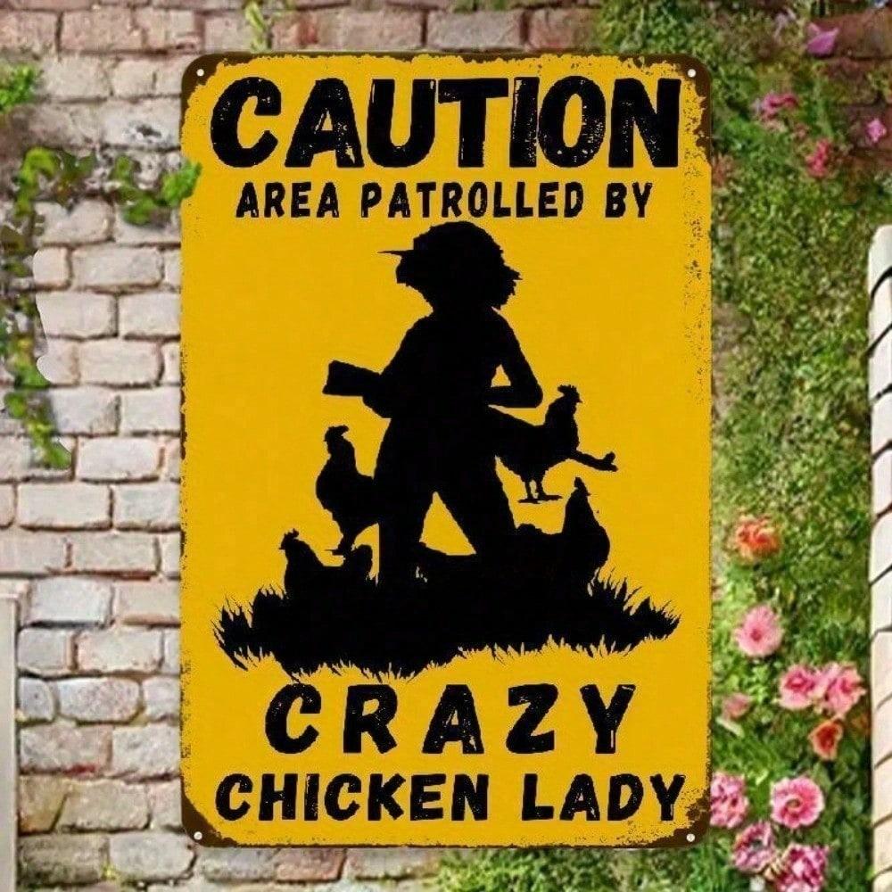 Vintage Tin Sign Crazy Chicken Lady Warning, Retro Farmhouse Coop Bar Wall Art, Funny Poultry Yard Decor