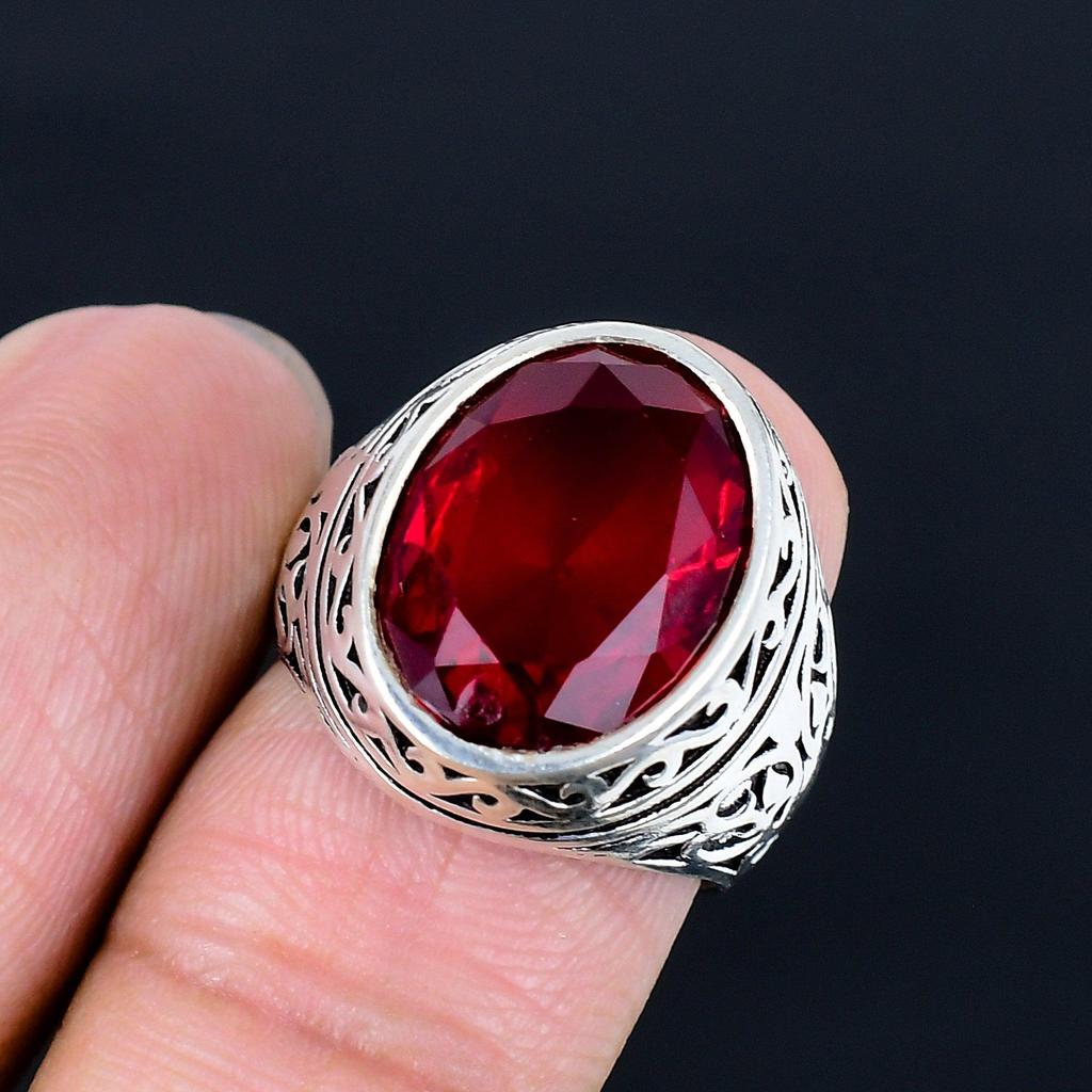 Anello da Uomo Antico in Argento Sterling 925 Filigranato con Granato Rosso Oversize Anello Statement Gioielleria Etnica Stile Ottomano