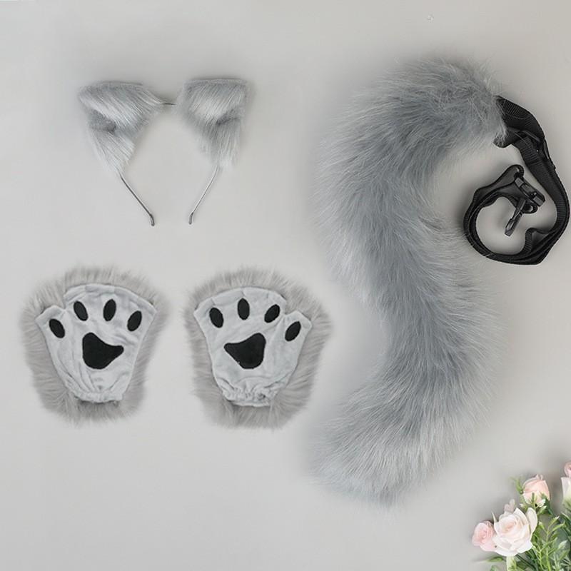 Plush Cat Ears Headband With Matching Tail Fingerless Paw Gloves Cosplay Set Anime Convention
