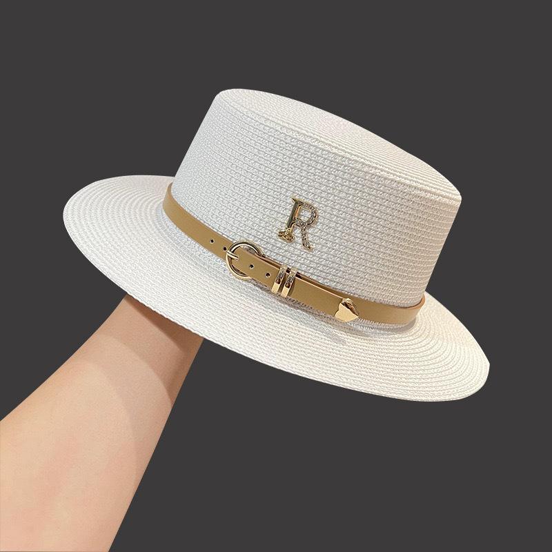Summer Outing Straw Hat Women's Vacation Seaside Rhinestone Letter R Belt Personalized British Retro Flat Top Sunshade Hat