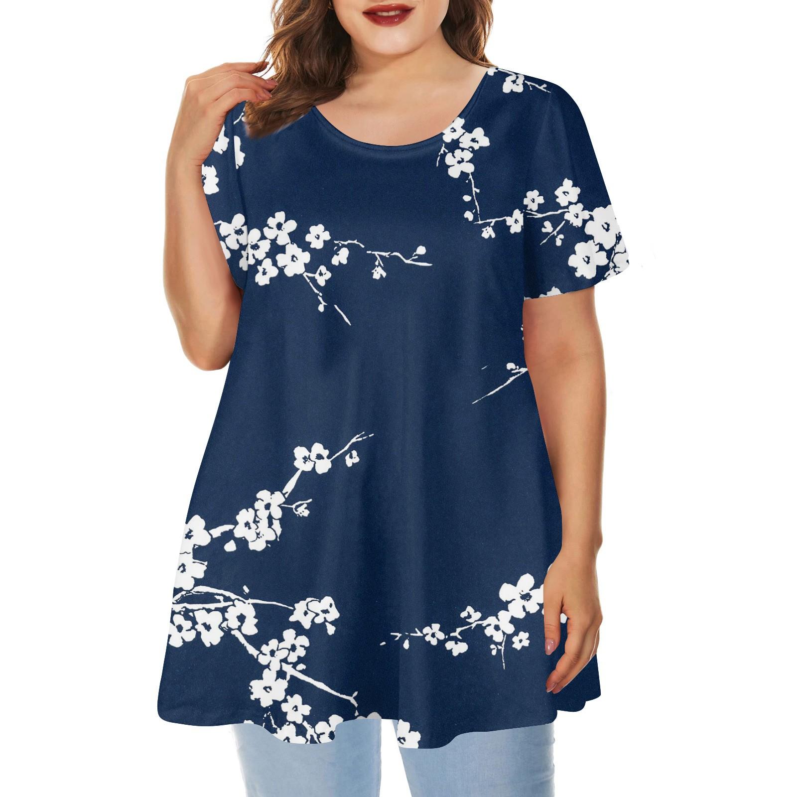 

Женский топ с коротким рукавом с круглым вырезом и принтом, свободные повседневные топы с короткими рукавами больших размеров XL тёмно-синий