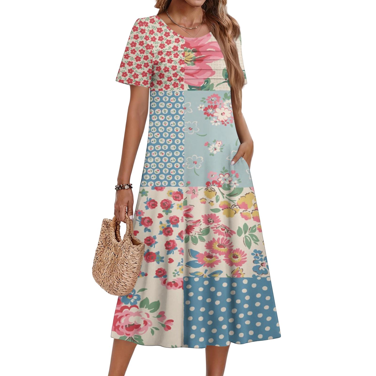 

Ladies Floral Printed Casual And Fashionable Short Sleeved Round Neck Dress XL
