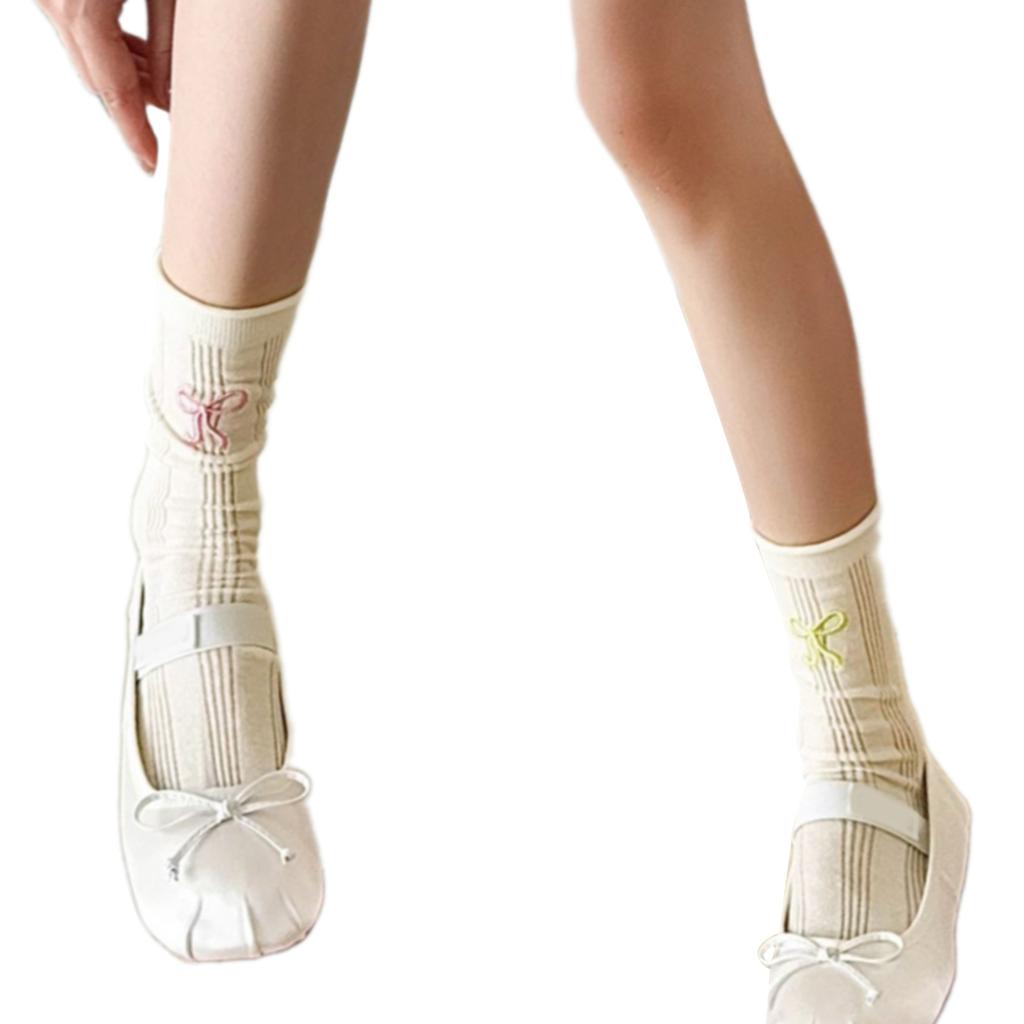 Sophisticated Ladies' Ankle Socks with Embroidery Colorful Bows Stretchable Cotton Fabric Middle Tube Calf Socks Hosiery