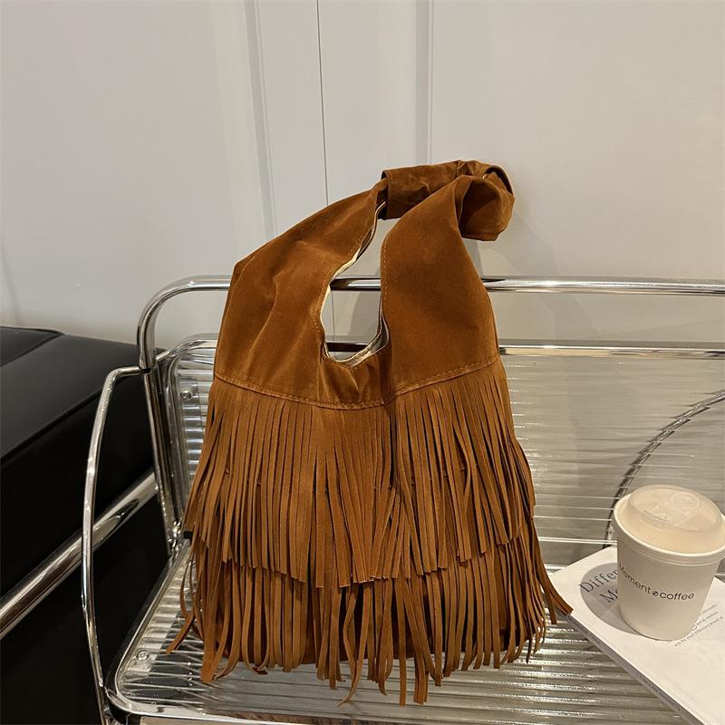 Autumn Vintage Tassel Deisgn Women Suede Shoulder Bags Large Capacity Ladies Vest Tote Bag Simple Solid Color Female Handbags