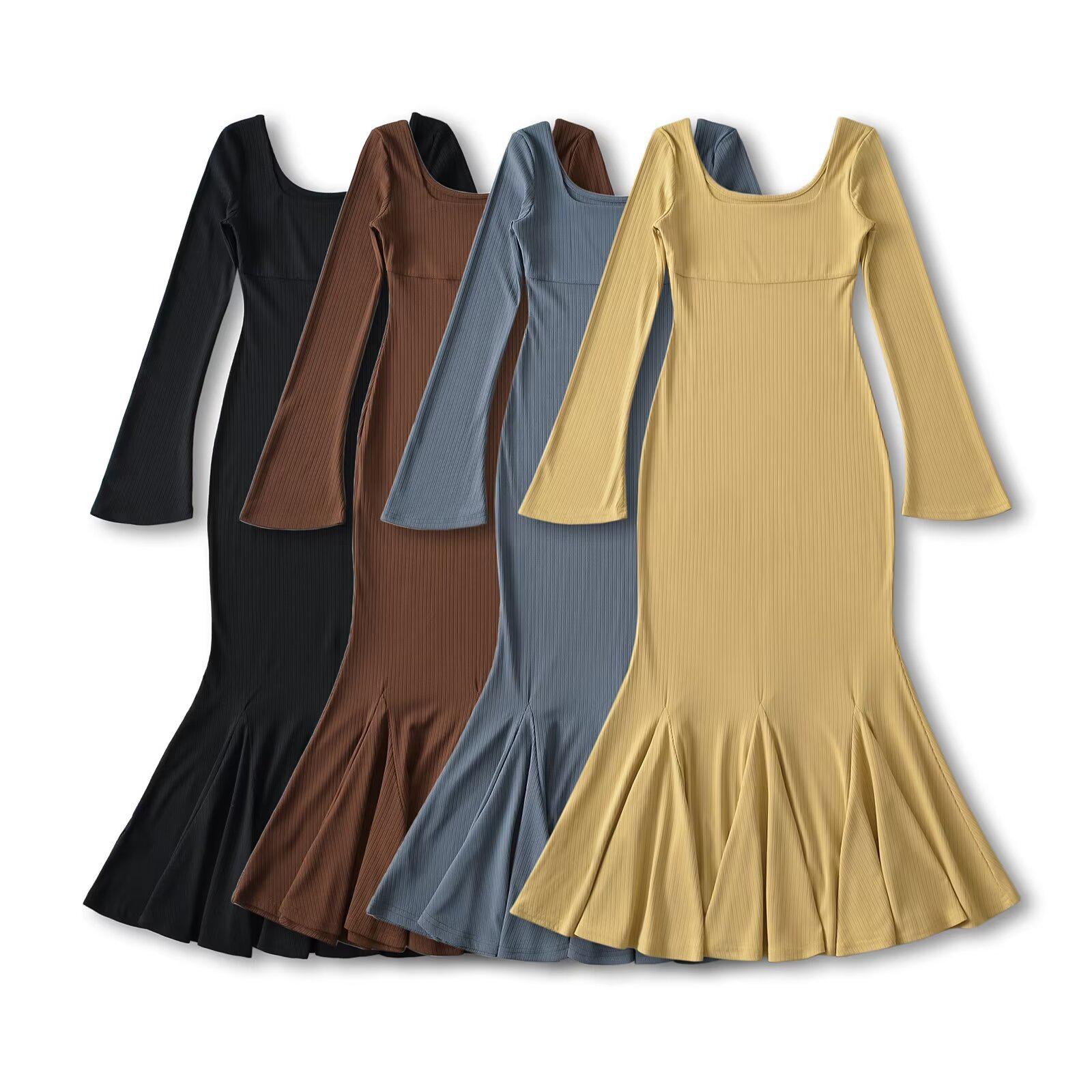 

2024 Autumn/Winter Women s Slim Square Neck Bell Sleeve Fishtail Dress Small