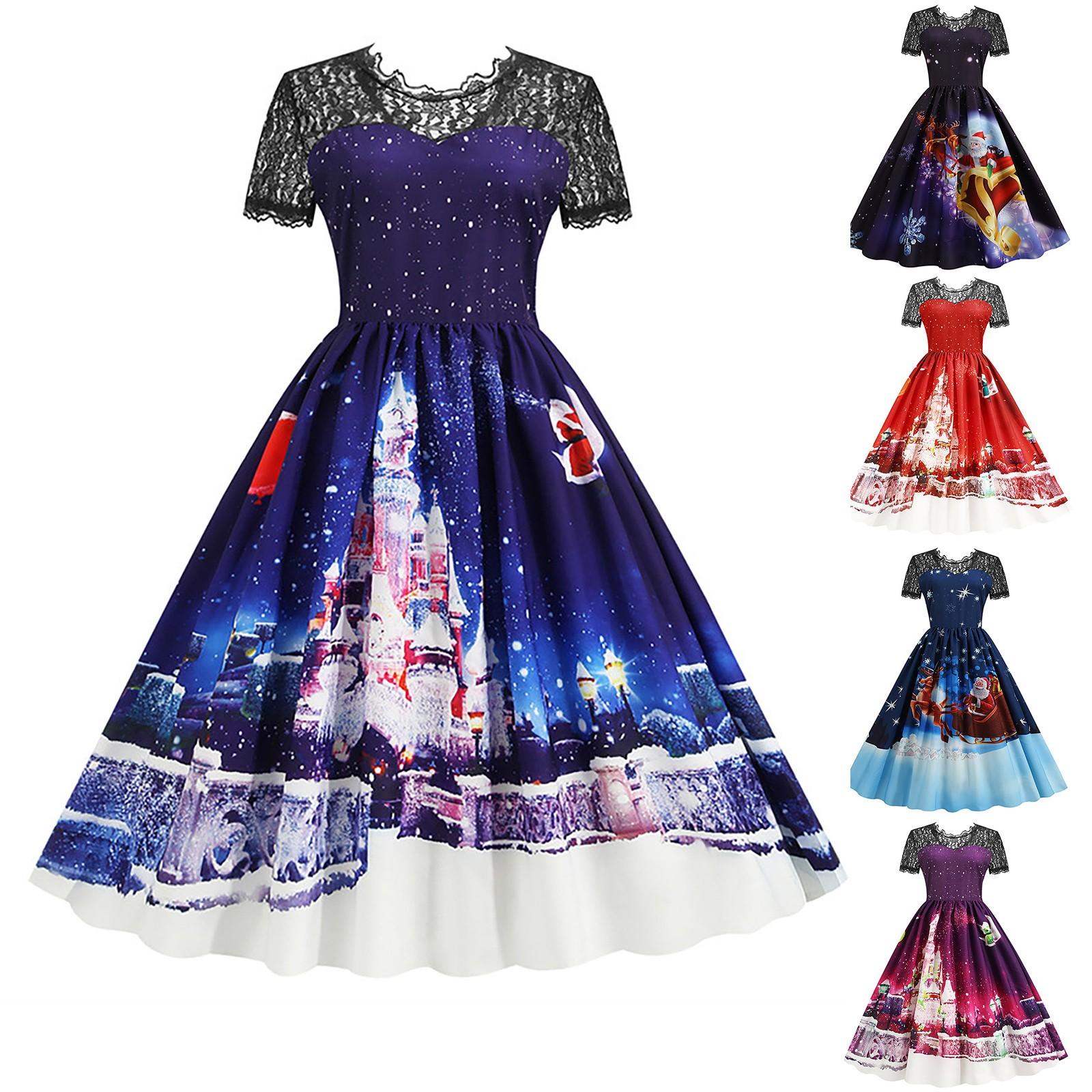 

Женское кружевное платье с короткими рукавами и рождественскими элементами в стиле ретро с большим круглым вырезом