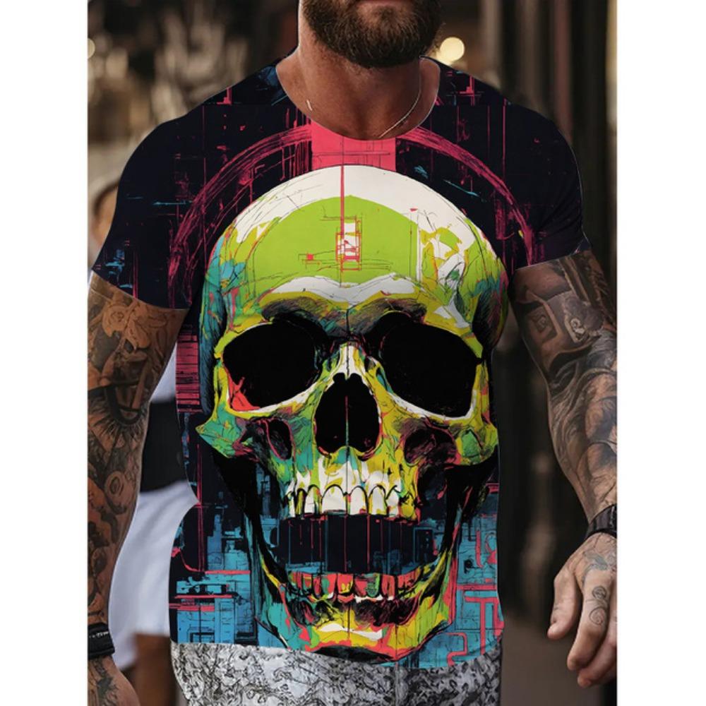New Men's Fun Skull Pattern T Shirt Suit Mob Skull Print Short Sleeve Summer Casual Loose Round Neck T Shirt Breathable Top