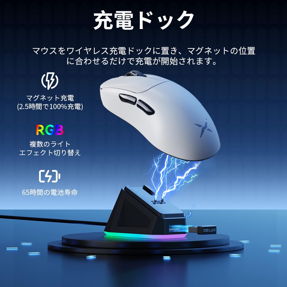 Mouse de gaming DELUX M500PRO, sondaj 8000Hz pentru dispozitive mici, senzor PAW3395 în 3 moduri, durată de viață a clicurilor de 100 de milioane, bază de încărcare magnetică inclusă, fără fir, 60,5 g