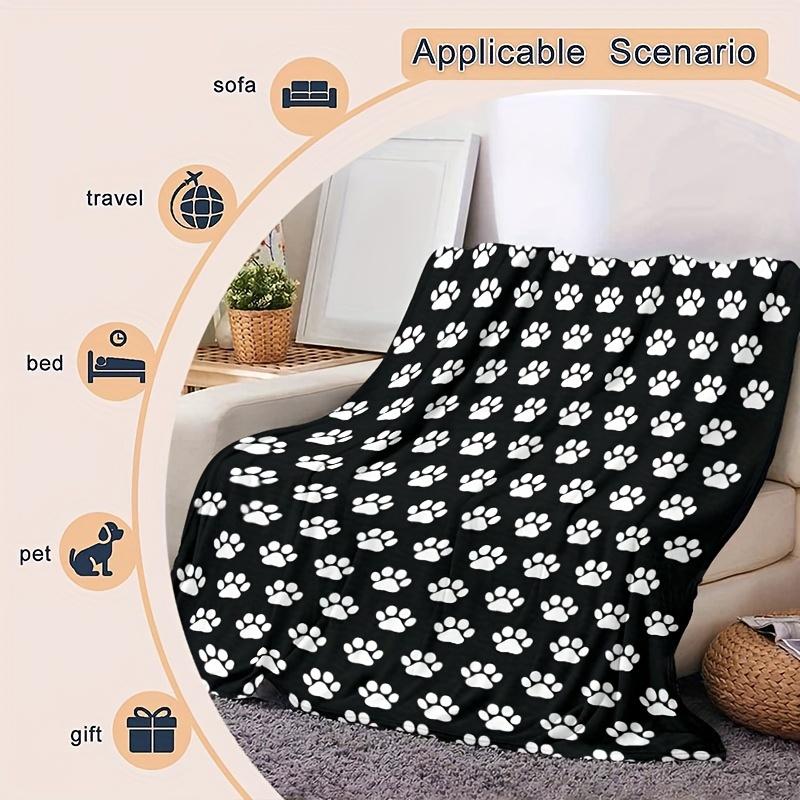 1pc Dog Paw Print Fleece Blanket, Soft Plush Flannel Throw For Pet Lovers, Cozy Bedding, Home Decor - Black And White