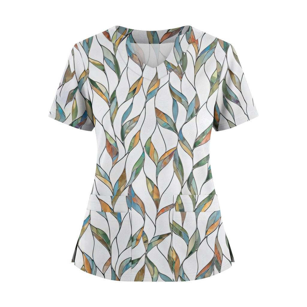 Damen locker kurzärmlig modisch geometrischer Druck von Pflanzen und Blumen Druck V-Ausschnitt knopfbar Seitenschlitz Oberteil T-Shirt
