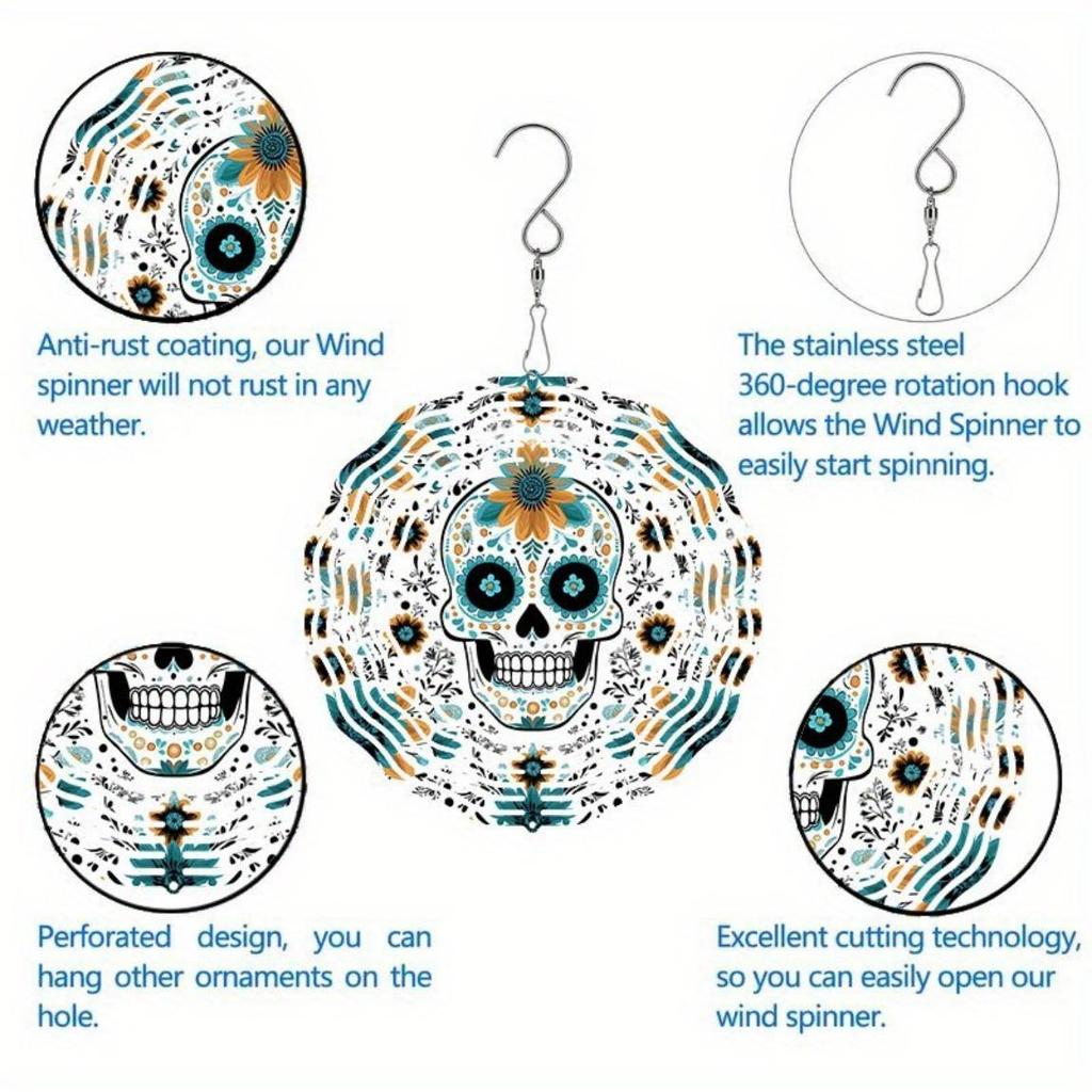 Metal Wind Spinner Chime Outdoor Hanging Garden Decor with Floral Skull Design Perfect for Halloween Christmas Thanksgiving Blue Green