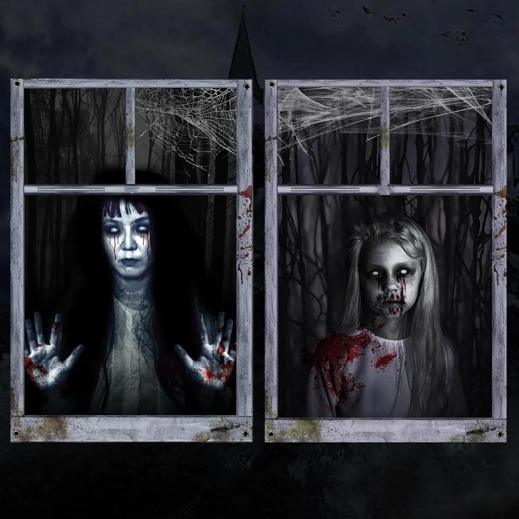 Halloween Bloody Ghost Window Backdrop Creepy Phantom Haunted House Indoor Outdoor Yard Pub Booth Spooky Horror Party Decor