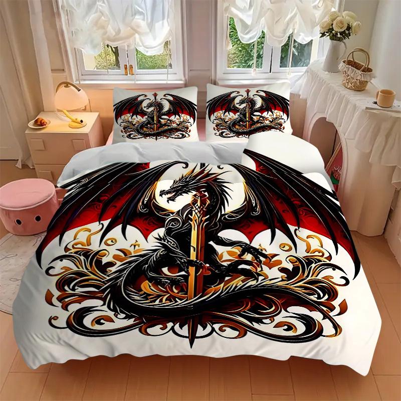 3pcs Black Dragon with Sword Print Cover Set Ultra Soft, Breathable, and Comfortable Bedding with Stylish Design for Bedroom and Guest Room Decor