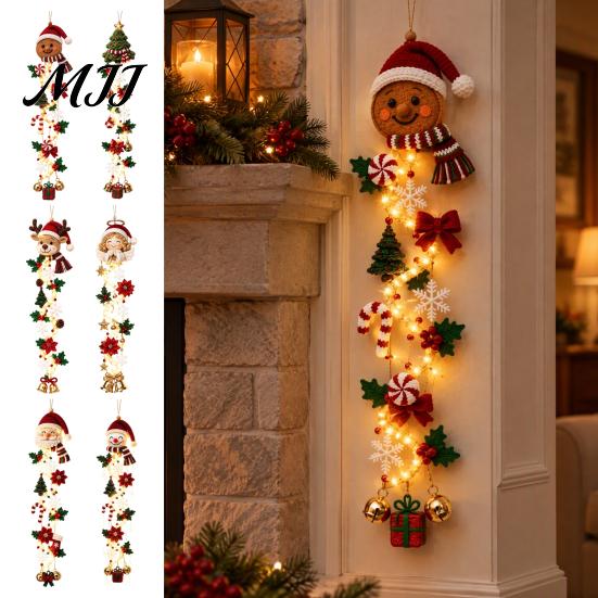 Warm Glowing Christmas Wall Decorations Door Hanger, Quilted Fabric Santa Snowman Tree Gingerbread Hanging Outdoor Porch Decoration for Holidays Light