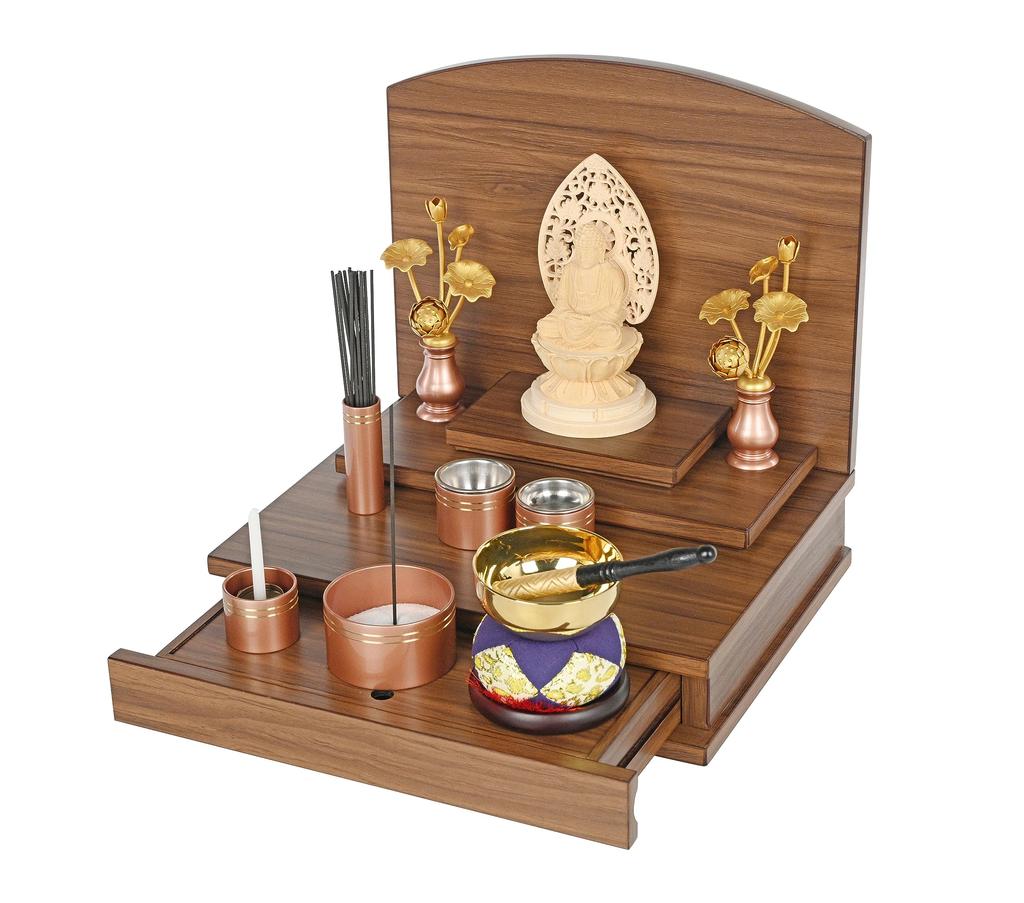 Oda Kobo Buddhist Altar, Modern Mini Buddhist Altar, Open Type, with Storage, for Memorial Service (Mini, Walnut Color)