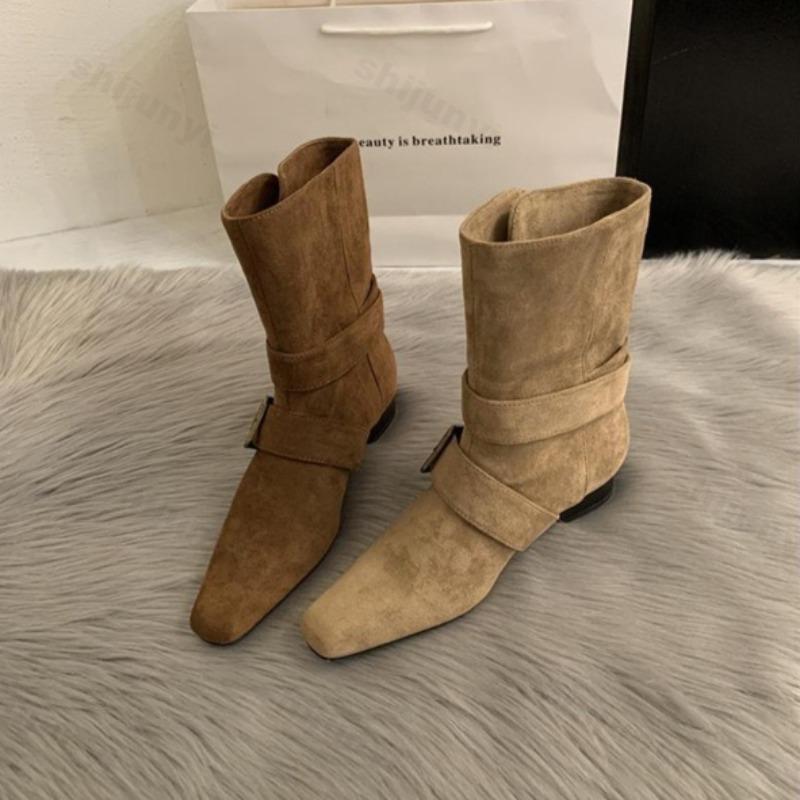 Fashion 2025 New Suede Ankle Boots Metal Buckle Belt Sexy Square Toe Suqare Heel New Arrivals Fashion Women Low-heel Modern Botas Mujer