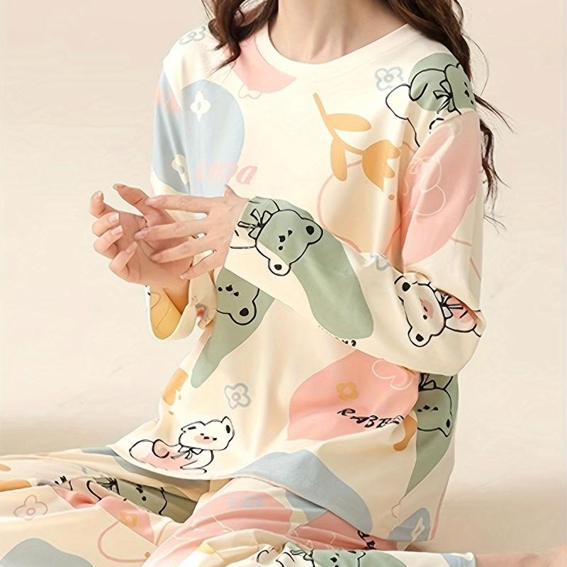 Autumn and Spring Long-Sleeve Women's Home Wear Pants Cartoon Set Pajamas for Ladies