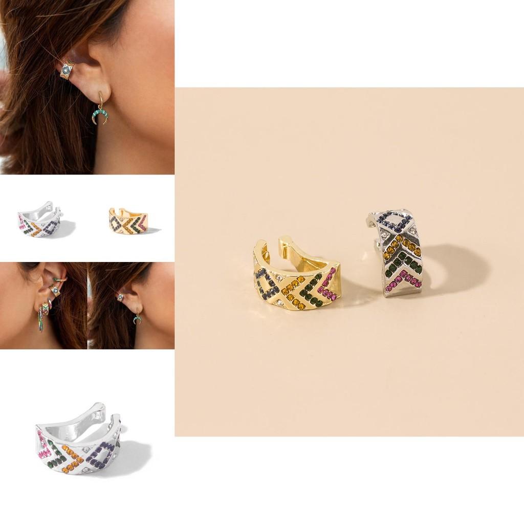 Elegant European American Style Alloy Ear Clips With Colorful Rhinestones