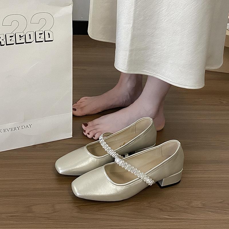 French elegance temperament rhinestone square head single shoes women's 2025 autumn new fairy style with skirt thick heel Mary Jane shoes