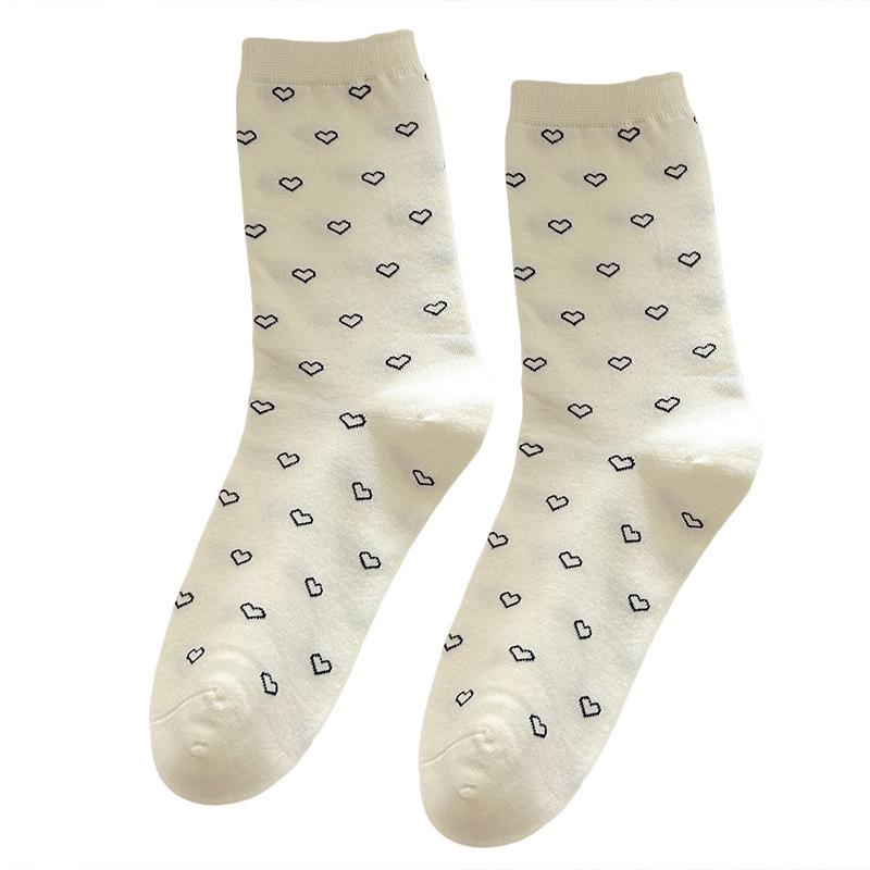 Women's Socks, Spring and Autumn Thin Cream-colored Cute Bow Polka Dot Heart-shaped Lace Mid-calf Socks